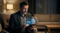 Middle-aged Caucasian businessman using futuristic holographic tablet technology in modern living room. Digital innovation and smart home concept.