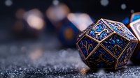 Ornate bronze and blue metallic gaming dice with intricate floral patterns on dark textured surface with soft bokeh lights in background, macro photography.