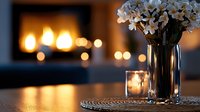 Romantic evening ambiance with white flowers in glass vase and glowing candle on wooden table, fireplace bokeh lights creating cozy atmosphere in background.