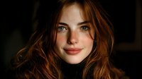 Young redhead woman with wavy hair and green eyes smiling warmly at camera in soft dramatic lighting against dark background for portrait photography.