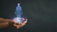 Holographic human anatomy model floating above open hands with glowing blue digital body systems for medical education and healthcare technology presentations.
