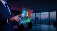 Businessman in suit pointing at holographic data analytics display with glowing charts and graphs in modern office with city skyline view for business intelligence and technology concepts.