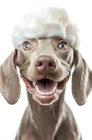 Playful Weimaraner dog with soap foam on head smiling at camera during bath time, showing bright blue eyes and happy expression against white background.
