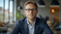 Professional Caucasian male executive wearing glasses and navy suit smiles confidently in modern office setting. Natural lighting highlights positive business atmosphere.