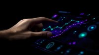 Hand touching holographic financial data visualization with glowing charts and graphs on dark background for business analytics and technology presentations.