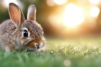 Adorable brown bunny rabbit in green grass during golden hour sunset with bokeh background, close up portrait showing detailed fur and bright blue eyes.