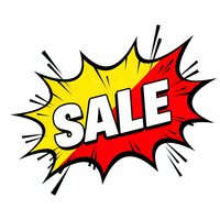 Comic book style sale burst with yellow and red explosion effect on white background for promotional marketing campaigns and retail advertising.