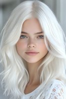 Young Caucasian woman with platinum white hair, blue eyes and freckles wearing white lace top, looking directly at camera with natural makeup and soft expression.