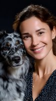 Young Caucasian woman with brown hair and natural makeup smiling while hugging Australian shepherd mix dog with merle coat pattern against dark background.