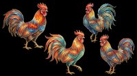 Colorful rooster illustrations isolated on transparent background, ready for t-shirt designs, clipart, stickers, sublimation, and print-on-demand products.