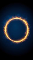Glowing fire ring with electric sparks on dark blue background, magical portal effect with burning flames and energy particles for fantasy designs.