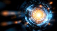Glowing digital tunnel with binary code circles and bright light center in blue and orange colors on dark background, futuristic technology concept.