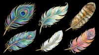 Colorful feathers collection isolated on transparent background, ready for t-shirt design, clipart, stickers, sublimation and print-on-demand projects.