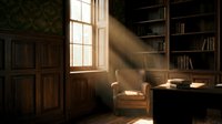 Cozy home library with warm sunlight streaming through tall window, wooden furniture, armchair, and bookshelves for interior design and home decor projects.