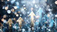 Glowing golden and blue arrows rising upward against dark background with bokeh lights and snow effect creating magical business growth concept.