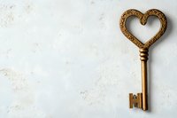 Vintage brass key with heart-shaped bow on light textured background. Romantic symbol of love and mystery for Valentine's day cards and wedding designs.