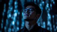 Asian male wearing glasses in dark environment with blue bokeh lights background, looking up thoughtfully in dramatic cinematic lighting. Professional portrait for technology concepts.