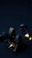 Abstract geometric composition featuring interconnected metallic spheres and curved ribbon-like forms in dark navy and gold tones against a deep navy background. Modern sculptural arrangement with elegant lighting and shadows for contemporary design projects.