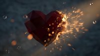 Broken heart shattering into fragments with dramatic light rays and sparks, symbolizing heartbreak, emotional pain, and the end of love relationships.