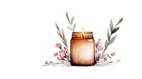 Glowing amber mason jar with burning candle surrounded by delicate watercolor eucalyptus leaves and pink cherry blossoms on white background.