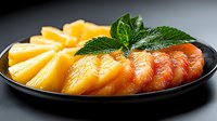 Fresh sliced pineapple and grapefruit arranged on black plate with mint garnish, vibrant tropical fruit composition on dark background for healthy eating.