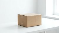 Closed brown cardboard box on a white table in a bright room, representing delivery, shipping, moving, and packaging concepts.