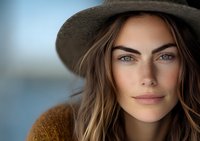 Young Caucasian woman wearing brown hat and sweater, with natural makeup and striking blue eyes gazing at camera against soft blurred background. Close-up portrait.