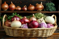 Fresh red and white onions with garlic and herbs arranged in rustic wicker basket on wooden table, dark moody background with shelf display.