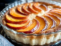 Homemade apple tart with caramelized fruit slices arranged in spiral pattern on creamy custard filling, baked in glass dish for dessert or bakery use.