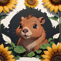 Adorable brown hamster character peeking through sunflower garden, surrounded by yellow petals and green leaves on dark background, cartoon style artwork.