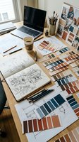 Interior designer workspace with laptop, sketches, color swatches, and botanical drawings on wooden desk. Professional design studio setup for creative projects and client presentations.