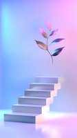 Minimalist white stairs with floating metallic leaves against gradient blue and pink background. Soft lighting creates ethereal atmosphere for modern design concepts.