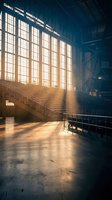 Dramatic sunlight streaming through large industrial windows illuminating concrete stairs and metal railings in abandoned warehouse interior.