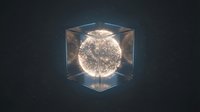 Glowing sphere encased in transparent cube with luminous particles and light rays against dark background, suitable for sci-fi and technology concepts.