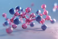 Floating molecular structure with pink and blue atoms connected by bonds against soft blue background, illustrating scientific concept or chemical compound.