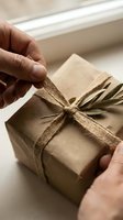 Hands opening kraft paper wrapped gift box tied with twine bow on white surface, gift giving and unboxing concept.