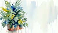Watercolor houseplant in terracotta pot with dripping paint effect on white background for home decor and botanical art projects.