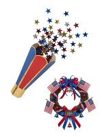 Patriotic firecracker with bursting stars and decorative wreath featuring American flags and ribbons on white background, isolated clipart for holiday designs, celebrations, and festive projects.