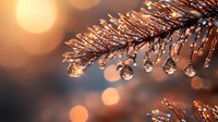 Frozen water droplets on pine branch catching golden sunset light with bokeh background creates magical winter atmosphere. Nature macro photography.
