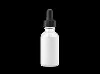 Glass dropper bottle with black rubber pipette, blank label, isolated on transparent background. Ready for cosmetic branding, sticker, print on demand, and T-shirt design use.