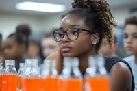 Young African American female student wearing glasses focuses intently during science laboratory class with orange liquid samples in glass bottles on laboratory table.