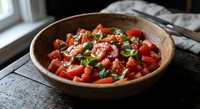Fresh tomato salad with herbs and red onion served in rustic wooden bowl on kitchen table for healthy Mediterranean cuisine and cooking concepts.
