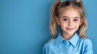 Young girl with blonde pigtails wearing light blue collared shirt smiles warmly against blue background, expressing confidence and joy in casual studio portrait.