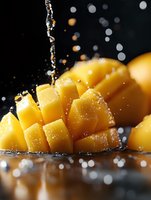Fresh ripe mango cut in cubes with water splash and droplets on dark background, macro shot with selective focus and bokeh effect.