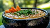 Creamy pumpkin soup garnished with fresh chopped parsley and carrot sticks served in black ceramic bowl against blurred garden background.