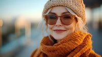 Young woman wearing knit beanie and orange scarf smiling warmly at sunset, with stylish sunglasses and natural makeup in golden hour lighting.