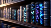 Magical glowing butterfly books on wooden library shelf with mystical blue illumination and vintage leather spines creating enchanted atmosphere.