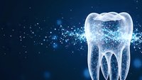 Digital tooth structure with glowing particles on dark blue background for dental technology and healthcare innovation concepts.