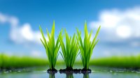 Fresh green grass sprouts growing in water against blurred natural background with blue sky and white clouds, spring nature awakening concept.
