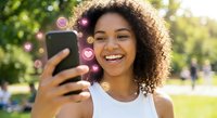 Happy young African American woman taking selfie with smartphone outdoors in park with social media heart icons floating around phone screen.